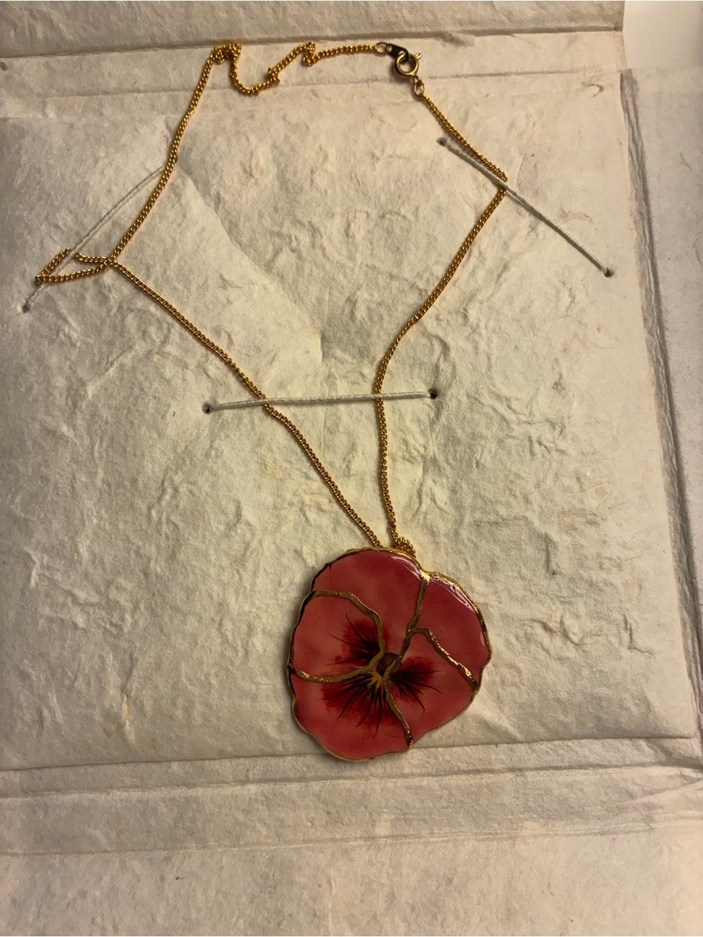 Gold Chain Necklace with Red Floral Pendant